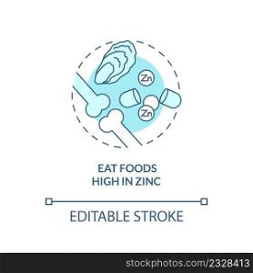 Eat foods high in zinc turquoise concept icon. Maintaining healthy joints and bones abstract idea thin line illustration. Isolated outline drawing. Editable stroke. Arial, Myriad Pro-Bold fonts used. Eat foods high in zinc turquoise concept icon