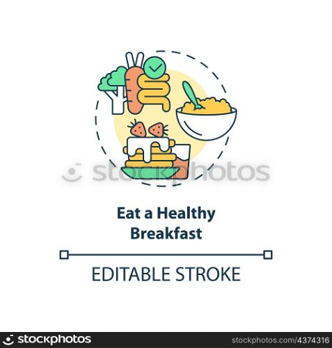 Eat healthy breakfast concept icon. Day starting. Nutrition for wellness abstract idea thin line illustration. Isolated outline drawing. Editable stroke. Roboto-Medium, Myriad Pro-Bold fonts used. Eat healthy breakfast concept icon