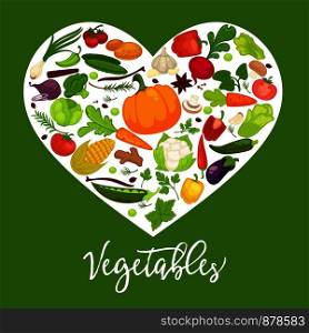 Eat healthy commercial poster with tasty vegetables inside big heart. Banner to encourage people to have proper organic nutrition. Products grown at farm without pesticides vector illustration.. Eat healthy commercial poster with tasty vegetables inside big heart. Banner to encourage people to have proper organic nutrition.