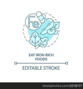 Eat iron rich foods blue concept icon. Pregnancy diet abstract idea thin line illustration. Raising iron levels in blood. Cooked beans. Vector isolated outline color drawing. Editable stroke. Eat iron rich foods blue concept icon