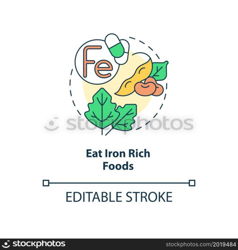 Eat iron rich foods concept icon. Pregnancy diet abstract idea thin line illustration. Green leafy vegetables intake. Cooked beans. Vector isolated outline color drawing. Editable stroke. Eat iron rich foods concept icon