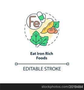 Eat iron rich foods concept icon. Pregnancy diet abstract idea thin line illustration. Green leafy vegetables intake. Cooked beans. Vector isolated outline color drawing. Editable stroke. Eat iron rich foods concept icon