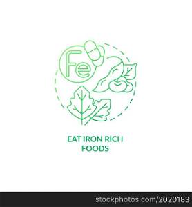 Eat iron rich foods green gradient concept icon. Pregnancy diet abstract idea thin line illustration. Raising iron levels in blood. Anemia symptoms prevention. Vector isolated outline color drawing. Eat iron rich foods green gradient concept icon