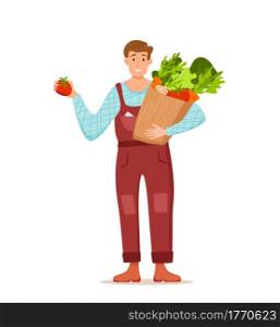 Eat local organic products cartoon vector concept. Colorful illustration of happy farmer character men holding package with grown vegetables. Ecological market design for selling agricultural products. Eat local organic products cartoon vector concept. Colorful illustration of happy farmer