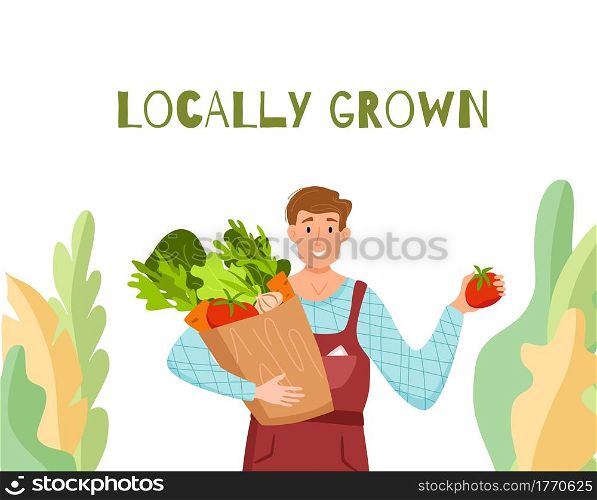 Eat local organic products cartoon vector concept. Colorful illustration of happy farmer character men holding box with grown vegetables. Ecological market design for selling agricultural products. Eat local organic products cartoon vector concept. Colorful illustration of happy farmer