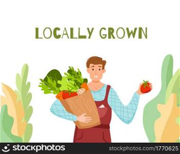 Eat local organic products cartoon vector concept. Colorful illustration of happy farmer character men holding box with grown vegetables. Ecological market design for selling agricultural products. Eat local organic products cartoon vector concept. Colorful illustration of happy farmer