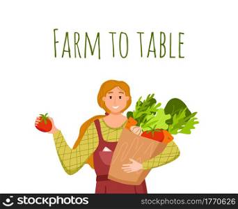 Eat local organic products cartoon vector concept. Colorful illustration of happy farmer character girl holding box with grown vegetables. Ecological market design for selling agricultural products. Eat local organic products cartoon vector concept. Colorful illustration of happy farmer