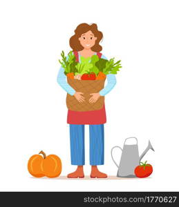 Eat local organic products cartoon vector concept. Colorful illustration of happy farmer character girl holding box with grown vegetables. Ecological market design for selling agricultural products. Eat local organic products cartoon vector concept. Colorful illustration of happy farmer