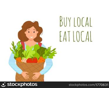 Eat local organic products cartoon vector concept. Colorful illustration of happy farmer character girl holding bucket with grown vegetables. Ecological market design for selling agricultural products. Eat local organic products cartoon vector concept. Colorful illustration of happy farmer