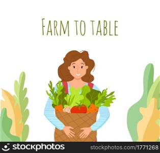 Eat local organic products cartoon vector concept. Colorful illustration of happy farmer character girl holding bucket with grown vegetables. Ecological market design for selling agricultural products. Eat local organic products cartoon vector concept. Colorful illustration o