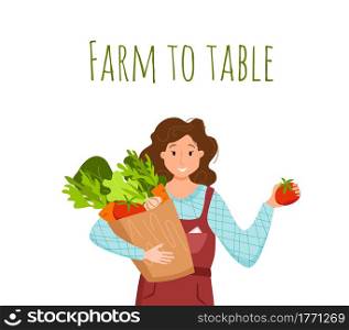 Eat local organic products cartoon vector concept. Colorful illustration of happy farmer character girl holding box with grown vegetables. Ecological market design for selling agricultural products. Eat local organic products cartoon vector concept. Colorful illustration o
