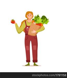 Eat local organic products cartoon vector concept. Colorful illustration of happy farmer character girl holding box with grown vegetables. Ecological market design for selling agricultural products. Eat local organic products cartoon vector concept. Colorful illustration
