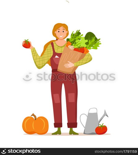 Eat local organic products cartoon vector concept. Colorful illustration of happy farmer character girl holding box with grown vegetables. Ecological market design for selling agricultural products. Eat local organic products cartoon vector concept. Colorful illustration