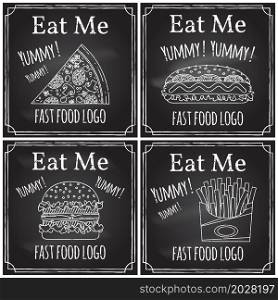 Eat me. Elements on the theme of the restaurant business. Chalk drawing on a blackboard. Logo, branding, logotype, badge with a burger, hot dog, fries and pizza. Fast food symbol. Vector illustration.