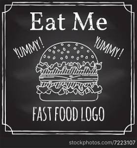 Eat me. Elements on the theme of the restaurant business. Chalk drawing on a blackboard. Logo, branding, logotype, badge with a burger. Fast food symbol. Vector illustration.. Eat me. Elements on the theme of the restaurant business. Chalk