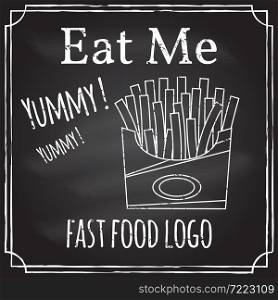 Eat me. Elements on the theme of the restaurant business. Chalk drawing on a blackboard. Logo, branding, logotype, badge with a fries in box. Fast food symbol. Vector illustration.. Eat me. Elements on the theme of the restaurant business. Chalk