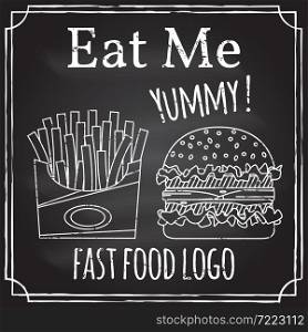 Eat me. Elements on the theme of the restaurant business. Chalk drawing on a blackboard. Logo, branding, logotype, badge with a burger and fries in box. Fast food symbol. Vector illustration.. Eat me. Elements on the theme of the restaurant business. Chalk