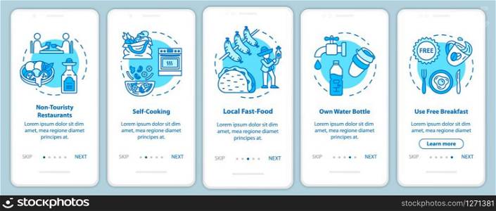 Eat onboarding mobile app page screen with concepts. Local shop. Cooking meal. Cheap tourism walkthrough five steps graphic instructions. UI vector template with RGB color illustrations