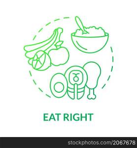Eat right green gradient concept icon. Balanced nutrition. Organic products for health abstract idea thin line illustration. Isolated outline drawing. Roboto-Medium, Myriad Pro-Bold fonts used. Eat right green gradient concept icon