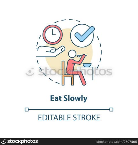Eat slowly concept icon. Do not hurry. Table manners. Restaurant etiquette abstract idea thin line illustration. Isolated outline drawing. Editable stroke. Arial, Myriad Pro-Bold fonts used. Eat slowly concept icon