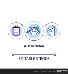Eat that frog rule concept icon. Different tasks you are likely to avoid completing. Success idea thin line illustration. Vector isolated outline RGB color drawing. Editable stroke. Eat that frog rule concept icon
