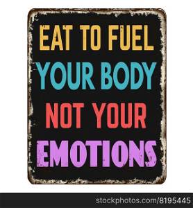 Eat to fuel your body not your emotions vintage rusty metal sign on a white background, vector illustration