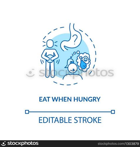 Eat when hungry concept icon. Conscious nutrition, mindful eating idea thin line illustration. Listening to body signals. Vector isolated outline RGB color drawing. Editable stroke