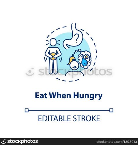 Eat when hungry concept icon. Conscious nutrition, mindful eating idea thin line illustration. Listening to body signals. Vector isolated outline RGB color drawing. Editable stroke