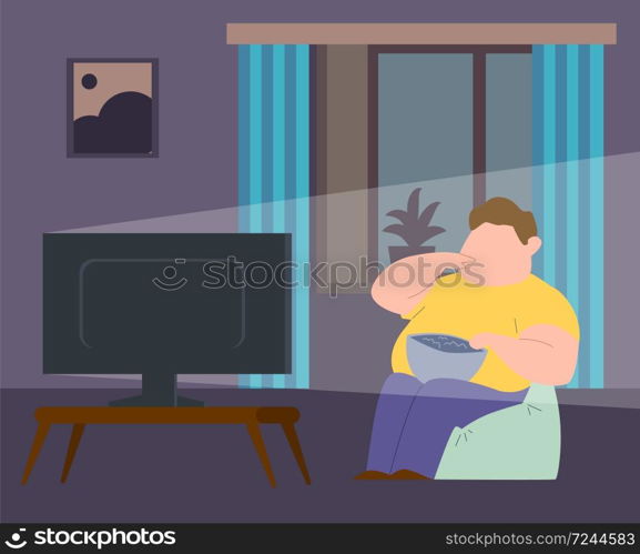 Eating addiction. Fat man sitting in chair, waching tv and eating fast food. Concept of obesity, binge eating disorder and unhealthy lifestyle. Flat cartoon vector illustration. Eating addiction. Fat man sitting in chair and eating fast food. Concept of obesity, binge eating disorder. Flat cartoon vector illustration