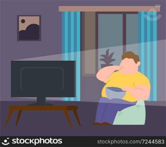 Eating addiction. Fat man sitting in chair, waching tv and eating fast food. Concept of obesity, binge eating disorder and unhealthy lifestyle. Flat cartoon vector illustration. Eating addiction. Fat man sitting in chair and eating fast food. Concept of obesity, binge eating disorder. Flat cartoon vector illustration
