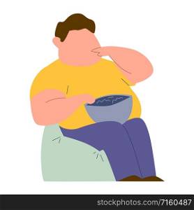 Eating addiction. Mental ill addict fat man sitting in chair and eating fast food color vector illeness addicted behavior concept. Eating addiction. Mental ill addict fat man sitting in chair and eating fast food color vector concept