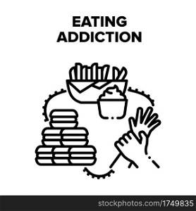 Eating Addiction Vector Icon Concept. Eating Addiction For Fat Fast Food And Sugary Dessert. Potato French Fries And Macaroons Delicious Dish. Overweight And Health Problem Black Illustration. Eating Addiction Vector Black Illustrations