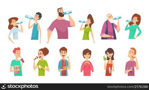 Eating and drinking characters. Drink water, bottle in people hands. Person eat different food, isolated vector set. Illustration water drink, freshness drinking, fast food. Eating and drinking characters. Drink water, bottle in people hands. Person eat different food, isolated vector set