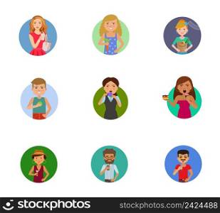 Eating and drinking icon set. Woman holding cup Holding carrot Paper bag with vegetables Man with apple Woman drinking coffee Woman eating cupcake Cocktail Man with coffee cup Man drinking juice