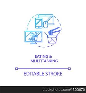 Eating and multitasking concept icon. Conscious nutrition, binge eating idea thin line illustration. Mindless food consumption. Vector isolated outline RGB color drawing