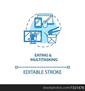 Eating and multitasking concept icon. Conscious nutrition, binge eating idea thin line illustration. Mindless food consumption. Vector isolated outline RGB color drawing. Editable stroke
