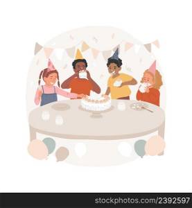 Eating Birthday cake isolated cartoon vector illustration Celebration, having fun, kids with dirty faces with cream, sitting at the table, children party, eating Birthday cake vector cartoon.. Eating Birthday cake isolated cartoon vector illustration