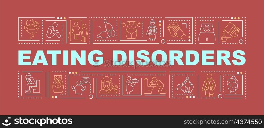 Eating disorders word concepts red banner. Anorexia nervosa. Infographics with linear icons on background. Isolated typography. Vector outline color illustration with text. Arial-Black font used. Eating disorders word concepts red banner