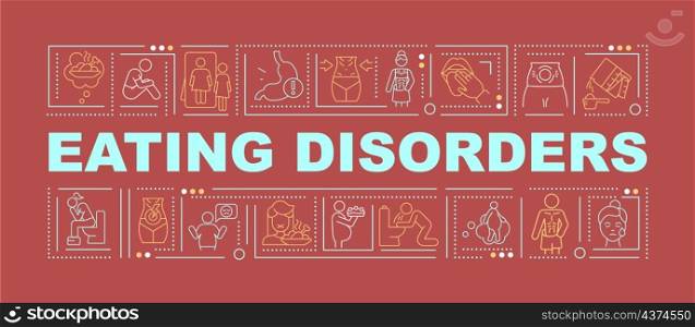 Eating disorders word concepts red banner. Anorexia nervosa. Infographics with linear icons on background. Isolated typography. Vector outline color illustration with text. Arial-Black font used. Eating disorders word concepts red banner