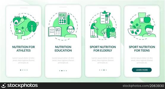 Eating for exercise and sports green onboarding mobile app screen. Food walkthrough 4 steps graphic instructions pages with linear concepts. UI, UX, GUI template. Myriad Pro-Bold, Regular fonts used. Eating for exercise and sports green onboarding mobile app screen