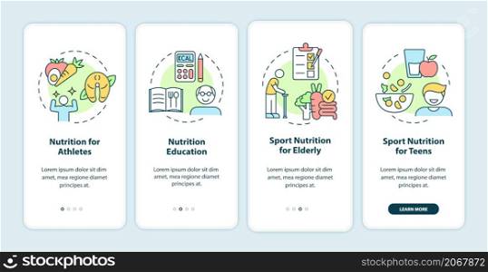 Eating for exercise and sports onboarding mobile app screen. Nutrition walkthrough 4 steps graphic instructions pages with linear concepts. UI, UX, GUI template. Myriad Pro-Bold, Regular fonts used. Eating for exercise and sports onboarding mobile app screen