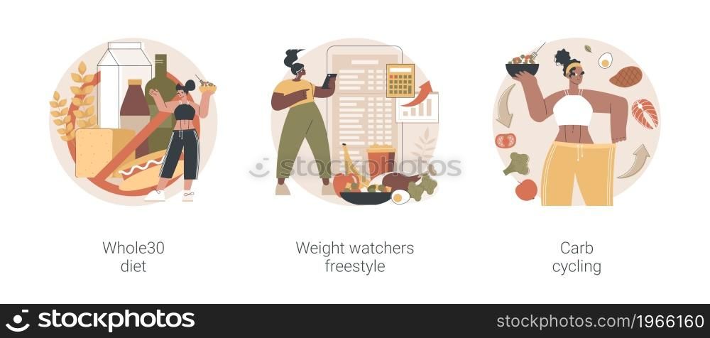 Eating habits abstract concept vector illustration set. Whole30 diet, weight watchers freestyle, carb cycling, fresh vegetable, dietary dish, online nutrition program, balanced meal abstract metaphor.. Eating habits abstract concept vector illustrations.