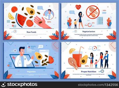 Eating Habits and Diet for People Flat Banner Set. Raw Foods, Vegetarianism, Veganism, Proper Nutrition. Man and Woman Using Application. Healthy Lifestyle. Cartoon Design. Vector Illustration. Eating Habits and Diet for People Flat Banner Set
