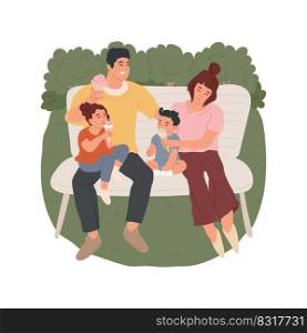 Eating ice-cream isolated cartoon vector illustration. Family leisure time, children and parents eating ice-cream in the park, sitting at the bench, summer outdoor activity vector cartoon.. Eating ice-cream isolated cartoon vector illustration.