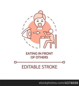 Eating in front of others terracotta concept icon. Anxiety trigger abstract idea thin line illustration. Isolated outline drawing. Editable stroke. Roboto-Medium, Myriad Pro-Bold fonts used. Eating in front of others terracotta concept icon