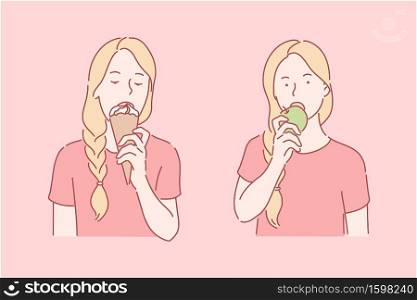 Eating junk or healthy food set concept. Young girl likes licking cold ice cream. Child tastes delicious apple. Kid is choosing between unhealthy fast food and vegan nutrition. Simple flat vector. Eating junk or healthy food set concept