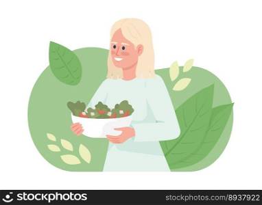Eating nutritious breakfast 2D vector isolated illustration. Happy blond young woman with salad bowl flat character on cartoon background. Colorful editable scene for mobile, website, presentation. Eating nutritious breakfast 2D vector isolated illustration