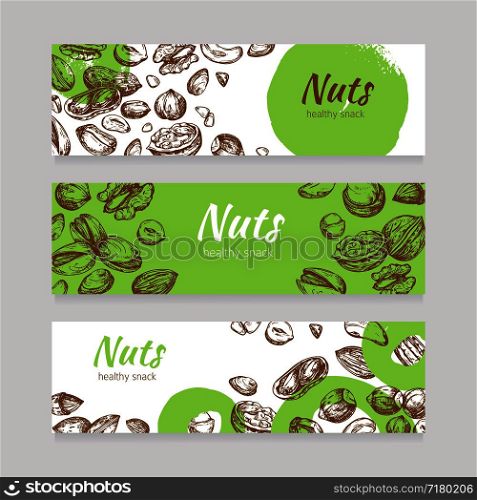 Eating nuts and seeds banners. Healthy food banner set in engraving style. Poster with nuts vintage drawing, vector illustration. Eating nuts and seeds banners. Healthy food banner set in engraving style
