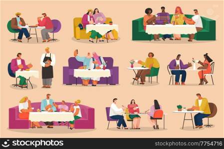 Eating people in cafe or restaurant, collection of illustrations, friends spend leisure time together, arabic girls making selfie, coffee break, chinese cuisine, family eat delicious meal, waiter. Eating people in cafe or restaurant, collection of illustrations friends spend leisure time together