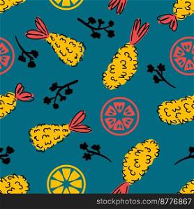 Ebi furai doodle seamless pattern with grilled shrimp and vegetables. Perfect print for tee, paper, textile and fabric. Retro style vector background for decor and design.
